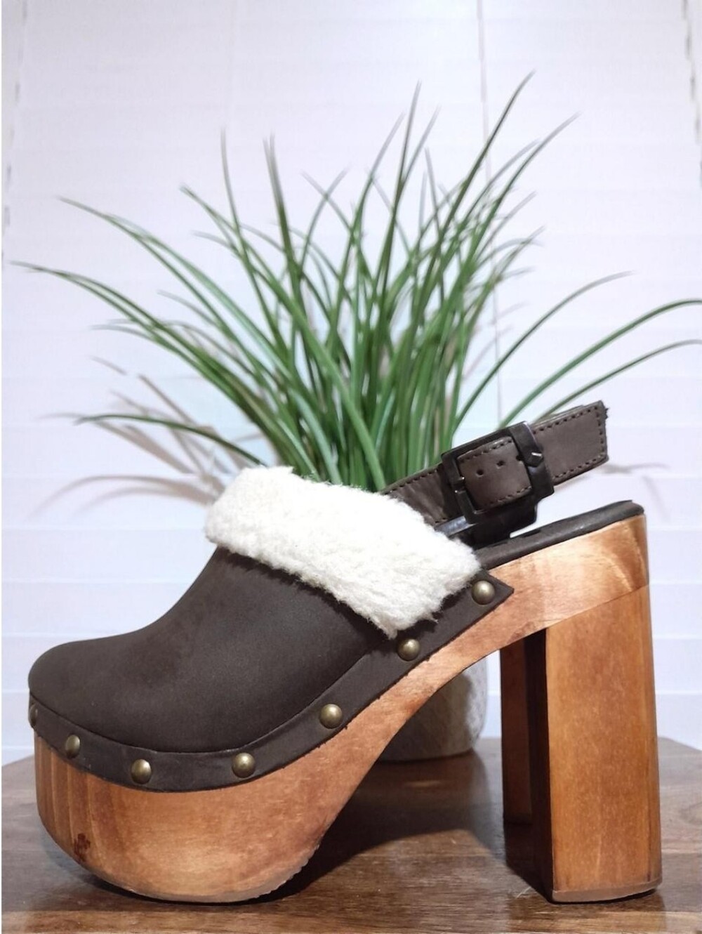 leather wood brown boho chunky  high heel mule slingback slip on clogs 39 (8.5)
